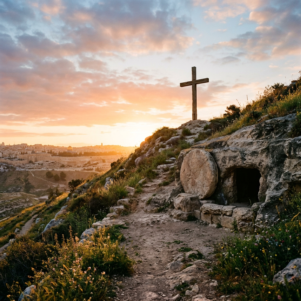 Ancient tomb with a large stone rolled away and wooden cross on a hill at sunrise